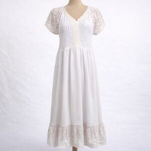 Lace Swiss Dot Fairy Smocked Peasant Maxi Dress Sz S White Boho Romantic Prairie